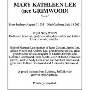 MARY KATHLEEN LEE (nee GRIMWOOD) “Jane”