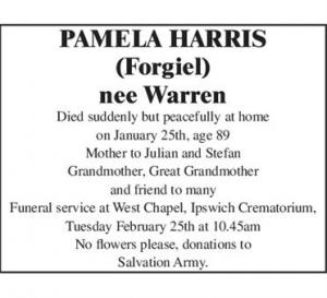 PAMELA HARRIS (Forgiel) nee Warren