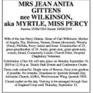 Mrs Jean Anita Gittens nee Wilkinson aka Myrtle, Miss Percy