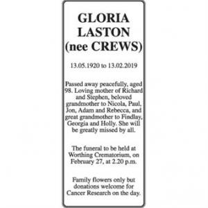 Gloria Laston (nee Crews)