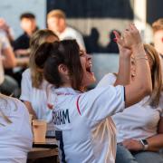 Fans celebrating at Isaacs on the Quay in Ipswich during England's game against Ukraine at Euro 2020