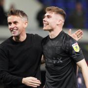 Ipswich Town manager Kieran McKenna and Leif Davis pictured after the final whistle.