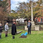 Rev Tom Mumford blessed the new tree in St Mary le Tower churchyard after it was planted by Suffolk High Sheriff Jamie Lowther-Pinkerton.