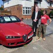 Felixstowe resident Angus Thody with the cut out of former Top Gear presenter Jeremy Clarkson, which he is using to sell his car