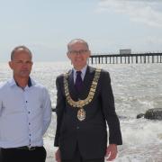 Felixstowe mayor David Rowe with Richard Whitehead, great nephew of F/O Charles Bryce Oxenham, one of the airmen who died after the Lancaster bomber crashed at Felixstowe