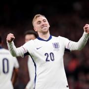 Jarrod Bowen celebrates scoring his first goal for England (Adam Davy/PA)