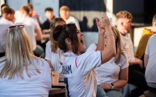 Fans celebrating at Isaacs on the Quay in Ipswich during England's game against Ukraine at Euro 2020