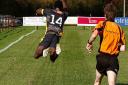 Jermaine Watson goes airborne as he scores for Ipswich against Wanstead. Picture: STEVE ALDRIDGE