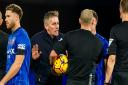 Ipswich Town manager Kieran McKenna remonstrates with referee Tim Robinson after the final whistle on Saturday