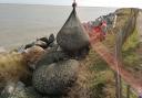 Large bags of rocks were used to reinforce the sea defences near Felixstowe Golf Course