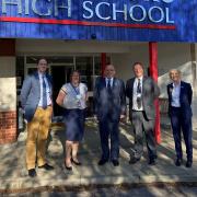 Dr Dan Poulter, Stradbroke head teacher Karen Millar, Education Secretary Nadhim Zahawi, Jonathan Taylor from the Sapentia Education Trust and county councillor Rachel Hood, cabinet member for young people.