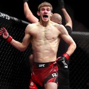 Suffolk's Arnold Allen celebrates his first round win over Dan Hooker at UFC London