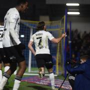 Wes Burns celebrates scoring during the second  half at AFC Wimbledon