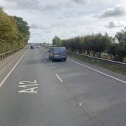 There are long delays on the A12 outside Ipswich after a two-vehicle crash