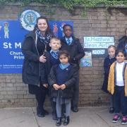 St Matthew's Church of England Primary School children on Clean Air Day, with Kasia Zych (left) and PC Hallatt (right)