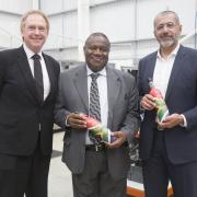 Frugalpac CEO Malcolm Waugh with South African high commissioner Jeremiah Nyamane Mamabolo and Honorary Consul Bassim Haidar