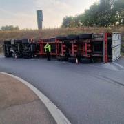 A lorry overturned at the service station at Sproughton Services