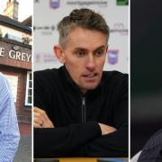 Left to right  The Greyhound landlord Dan Lightfoot, Ipswich Town manager Kieran McKenna  and Manchester United manager Rúben Amorim.