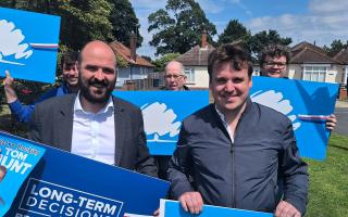 Richard Holden and Tom Hunt campaigning together in Ipswich on Saturday.