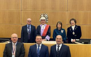 Attending the swearing in ceremony,  back row: Malcom Hogarth, Suffolk Bench Chair; Judge Martyn Levett; Lady Clare, Countess of Euston; High Sheriff of Suffolk, Yvonne Gilchrist-Mason. Front row: Martin O’Brien; Gary Morgan;  Stephen Gallant.